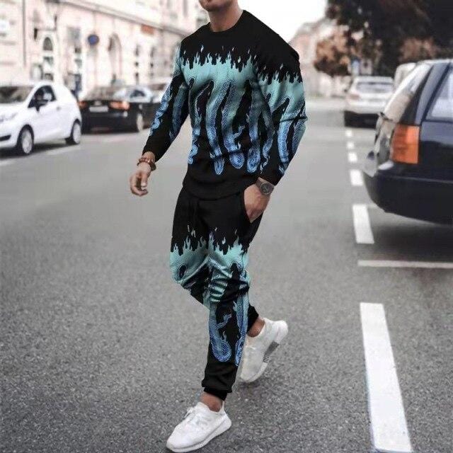 Men's Octopus-Print T-Shirt and Pants 2-Piece Sweatsuit