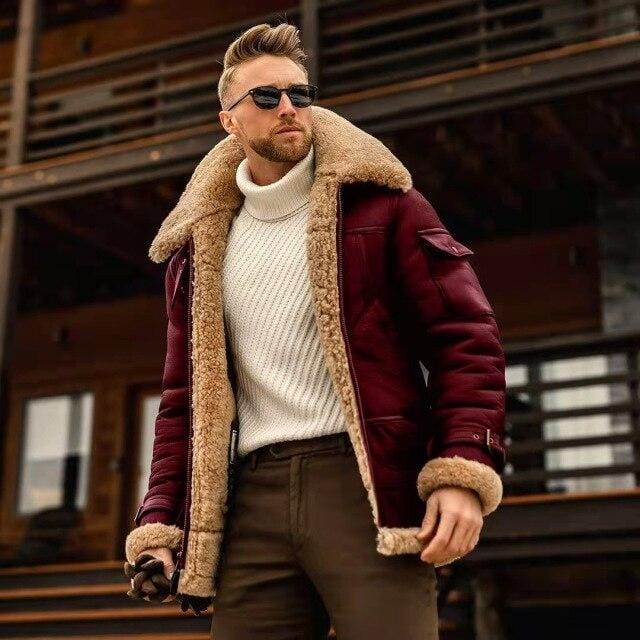 Men's Vintage Fur-Lapel Padded Leather Coat, Thick Cashmere Winter Jacket