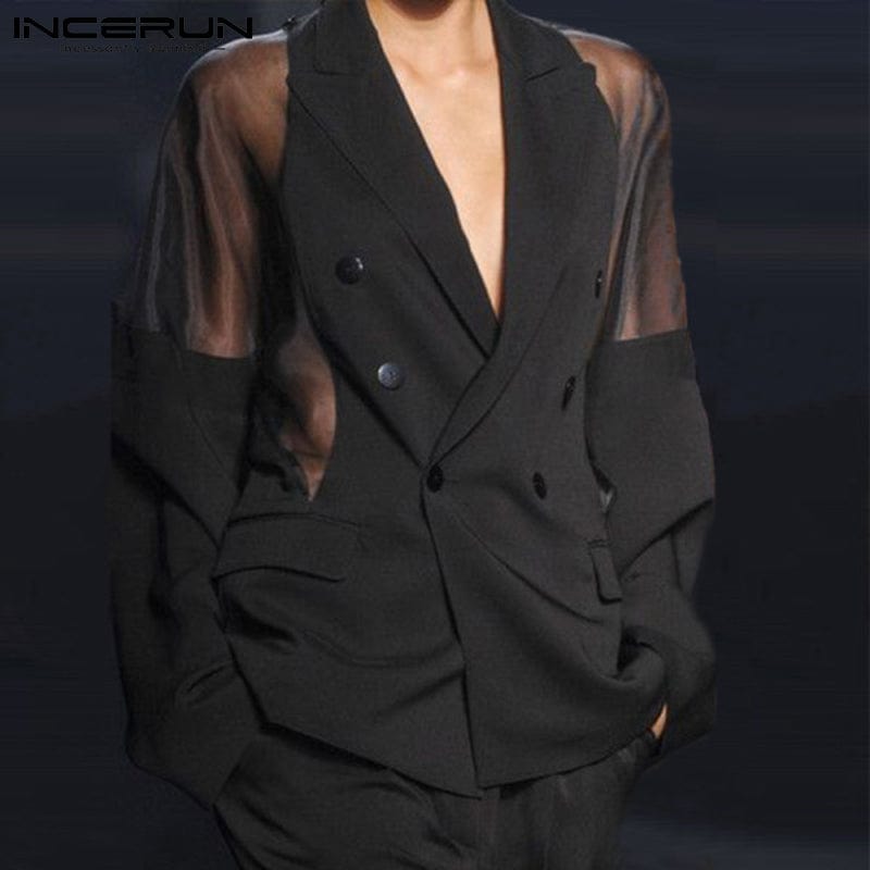 Men's Mesh Patchwork See-Through Double-Breasted Lapel Blazer