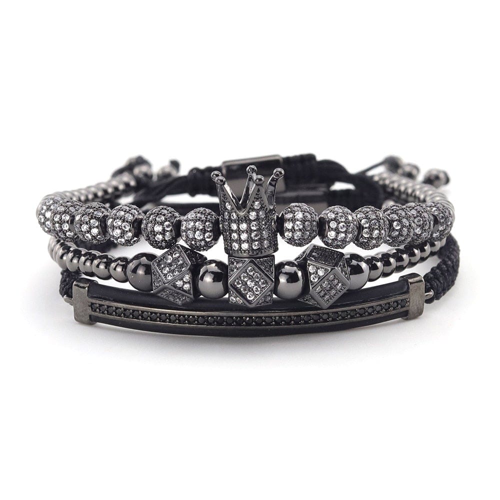 Men's 3-Piece Gold CZ Crown Stainless Steel Bead Bracelet Stack