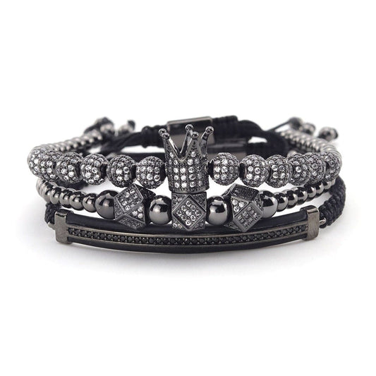 Men's 3-Piece Gold CZ Crown Stainless Steel Bead Bracelet Stack