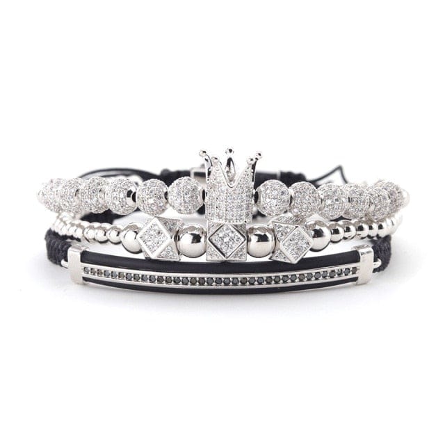 Men's 3-Piece Gold CZ Crown Stainless Steel Bead Bracelet Stack