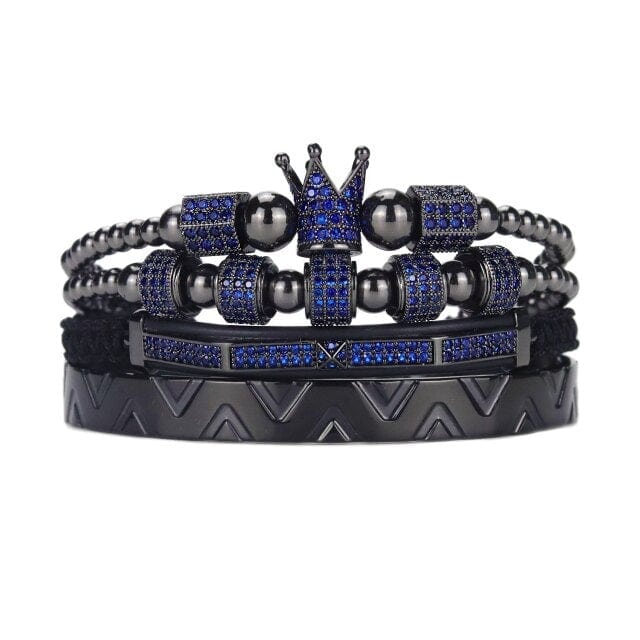 Men's Royal Crown Stainless Steel Blue Ghost CZ Bead Bracelet Set