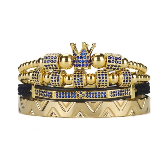 Men's Royal Crown Stainless Steel Blue Ghost CZ Bead Bracelet Set