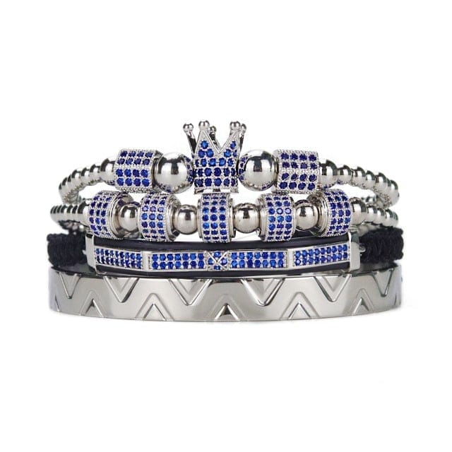 Men's Royal Crown Stainless Steel Blue Ghost CZ Bead Bracelet Set
