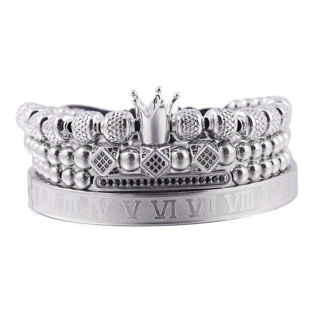 Men's 4-Piece Stainless Steel CZ Roman Bangle Bracelet Set