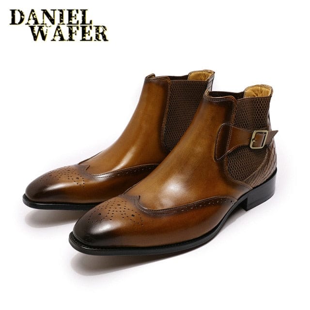 Men's Genuine Leather Chelsea Slip-On Wingtip Ankle Boots Black Brown