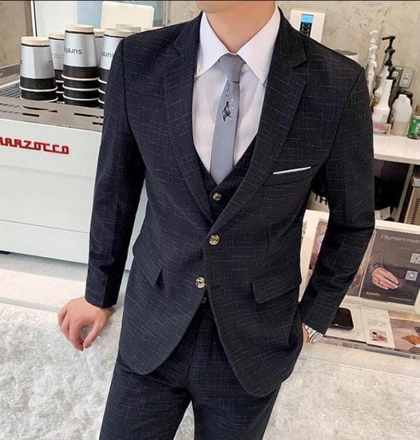 Men's Blue Stripe 3-Piece Slim-Fit Wedding Suit, Blazer Vest and Pants
