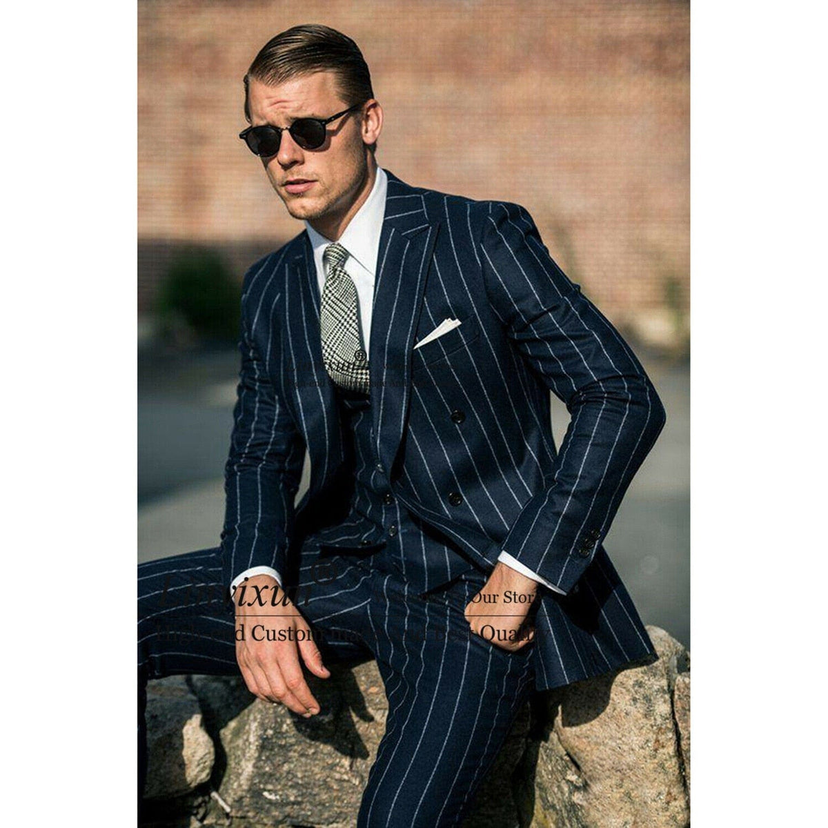 Men's Navy Blue Wide Lapel Double-Breasted Three-Piece Suit