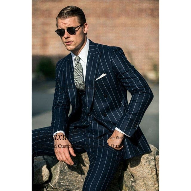 Men's Navy Blue Wide Lapel Double-Breasted Three-Piece Suit