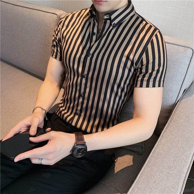 Men's Slim Fit Short Sleeve Striped Business Casual Shirt