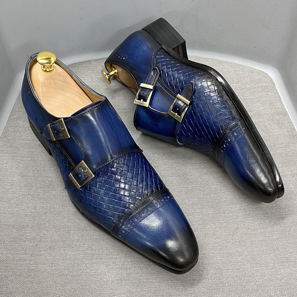 Men's Black Blue Cow Leather Monk Strap Pointed Oxford Loafers