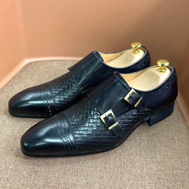 Men's Black Blue Cow Leather Monk Strap Pointed Oxford Loafers