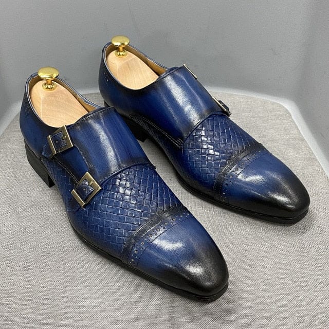 Men's Black Blue Cow Leather Monk Strap Pointed Oxford Loafers