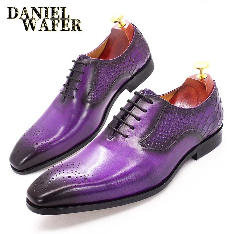 Men's Snake Print Black Purple Square Toe Lace-Up Oxford Shoes