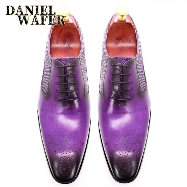 Men's Snake Print Black Purple Square Toe Lace-Up Oxford Shoes