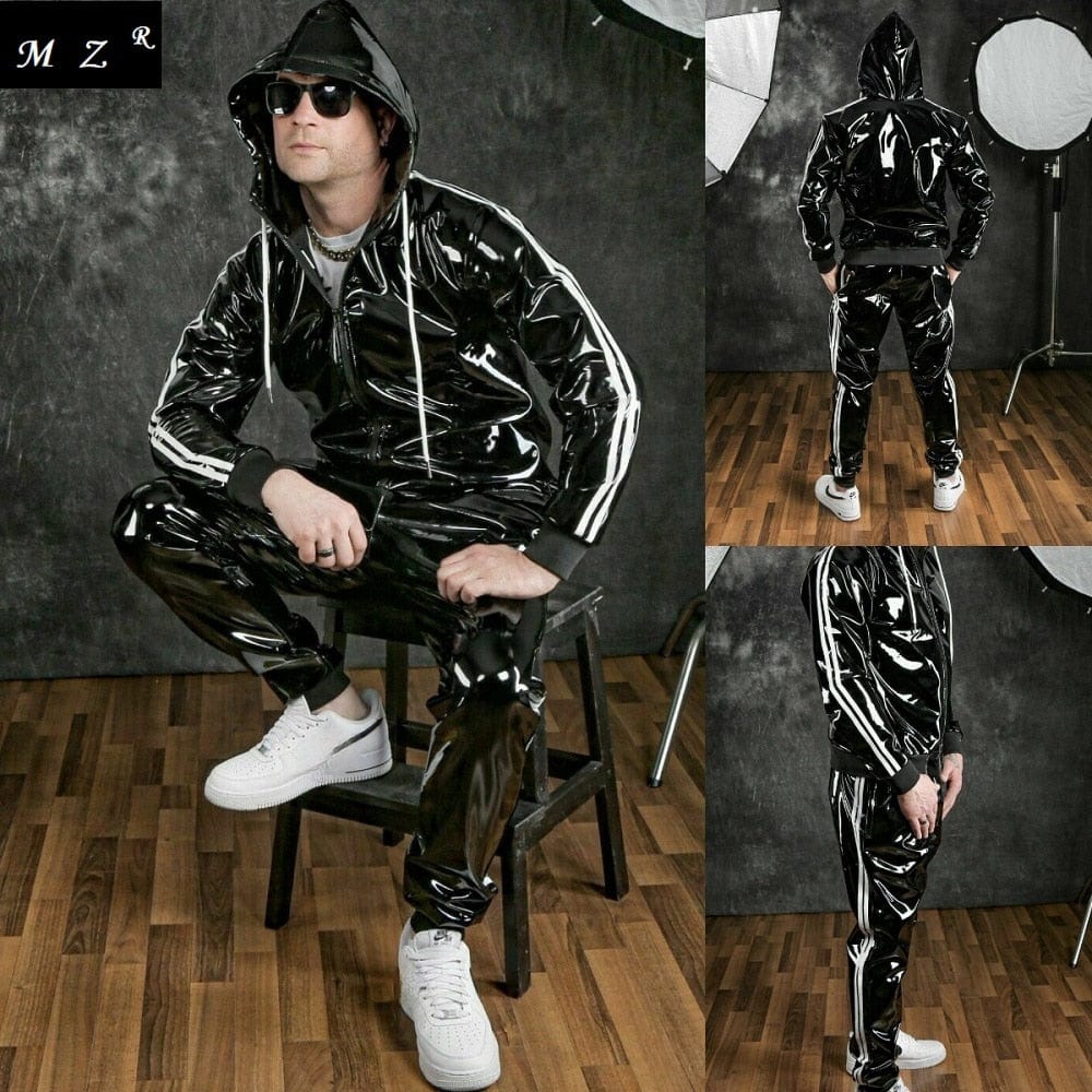 Men's PU Hoodie Motorcycle Jacket and Jogger Set