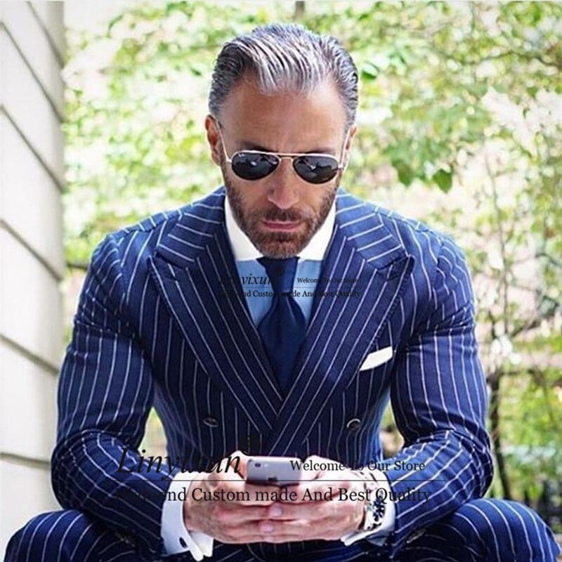 Men's Royal Blue Rope-Stripe Double-Breasted Slim 2-Piece Suit