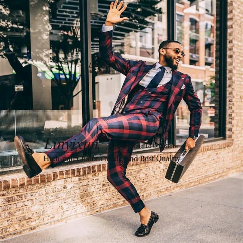 Men's Red and Blue Plaid Three-Piece Suit