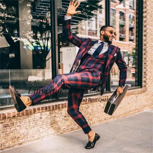 Men's Red and Blue Plaid Three-Piece Suit