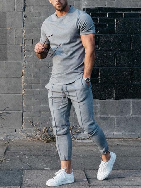 Men's Printed Short-Sleeve Tee and Slim Pants Two-Piece Set