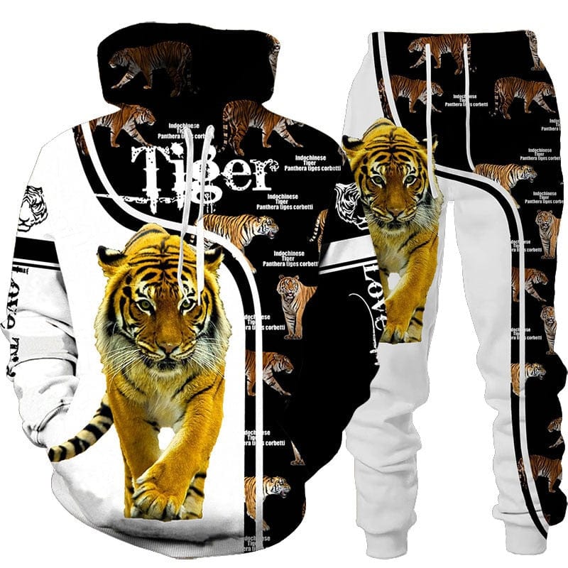 Men's 3D Tiger Print Hoodie and Pants Tracksuit