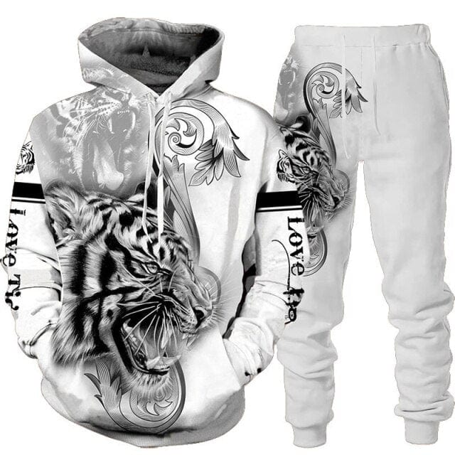 Men's 3D Tiger Print Hoodie and Pants Tracksuit