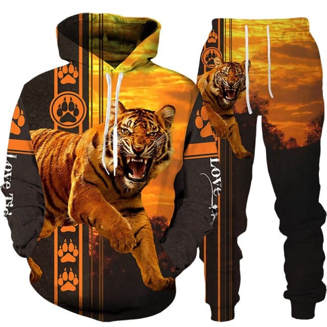 Men's 3D Tiger Print Hoodie and Pants Tracksuit