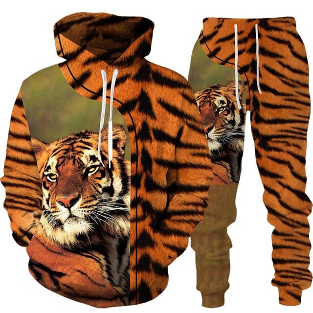 Men's 3D Tiger Print Hoodie and Pants Tracksuit