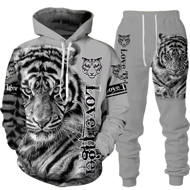 Men's 3D Tiger Print Hoodie and Pants Tracksuit