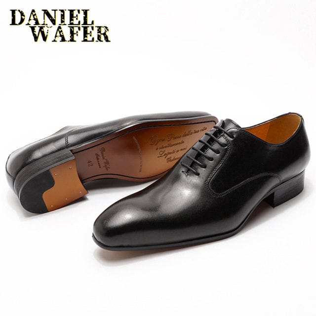 Men's Hand-Polished Leather Pointed Oxford Dress Shoes Black Brown