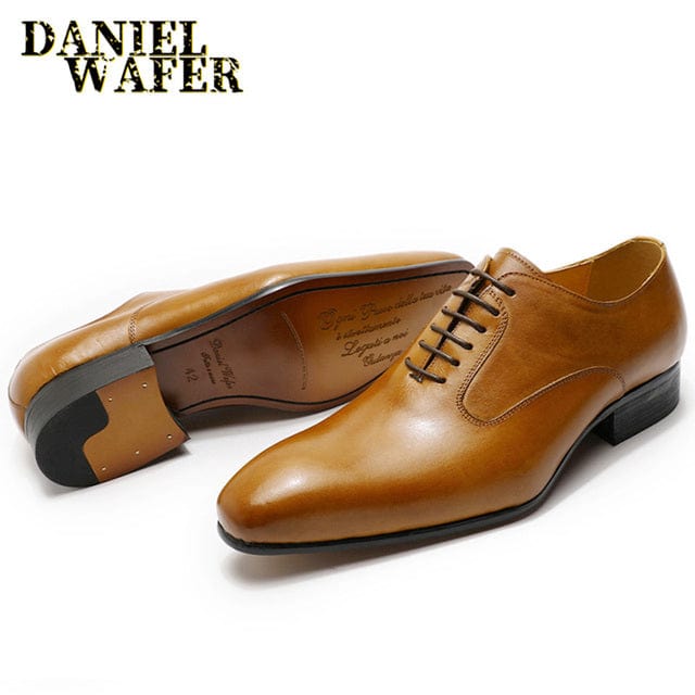 Men's Hand-Polished Leather Pointed Oxford Dress Shoes Black Brown