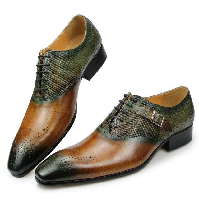 Men's Black Green Coffee Pointed Toe Leather Brogue Oxford Shoes