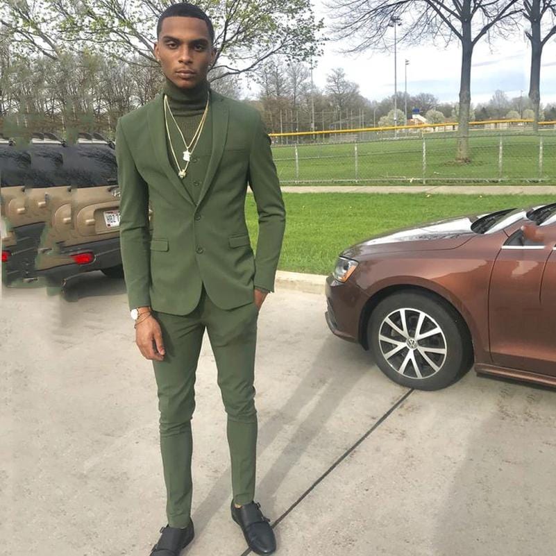 Men's Olive Green Slim Fit Three-Piece Prom Suit