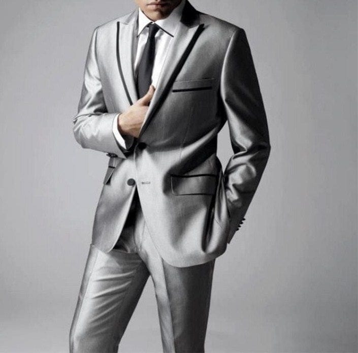 Men's Shiny Silver Grey Peak Lapel Wedding Tuxedo Set