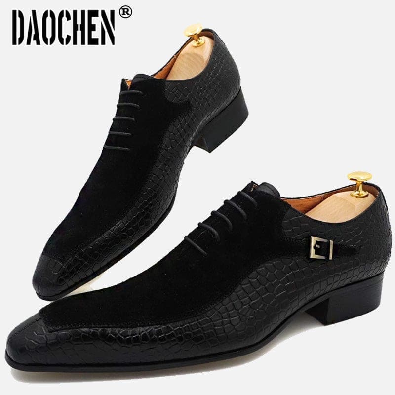 Men's Split-Toe Suede Crocodile Print Coffee Black Oxford Dress Shoes