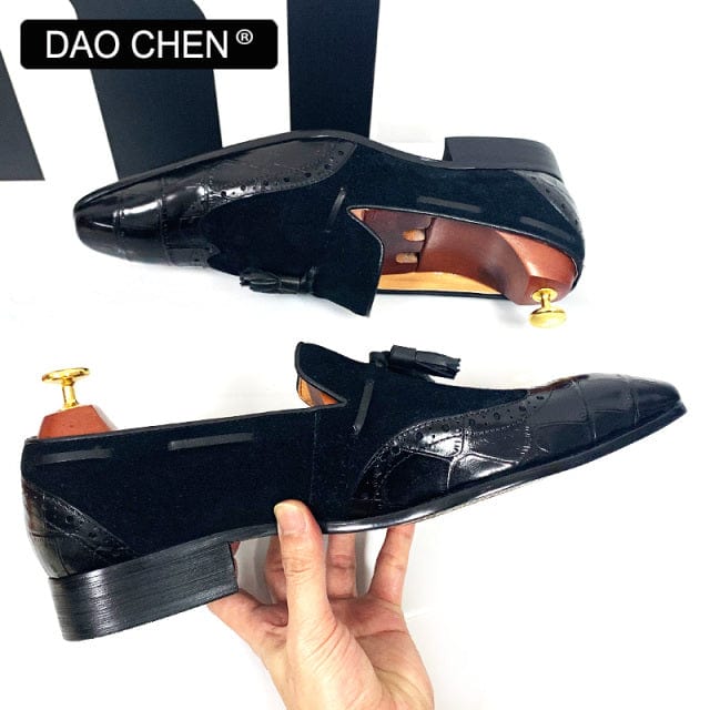 Men's Italian Black Brown Wingtip Leather Dress Loafers