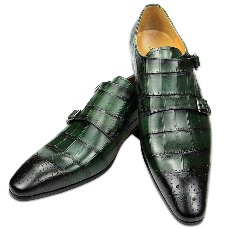 Men's crocodile pattern low top business dress shoes green black pair