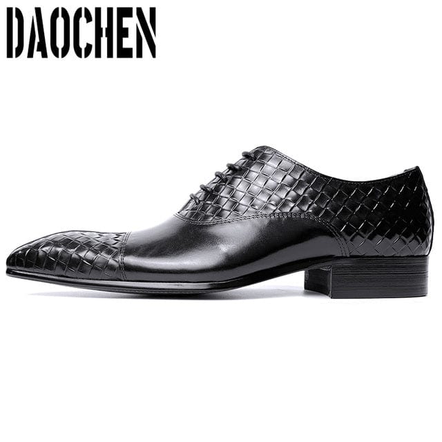 Men's Black Green Split-Toe Weave Print Leather Oxford Dress Shoes