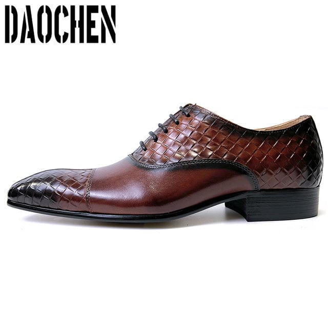 Men's Black Green Split-Toe Weave Print Leather Oxford Dress Shoes