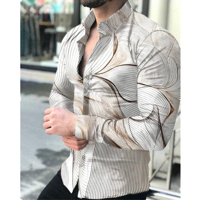 Men's Stripe Print Long Sleeve Button-Down Prom Party Shirt