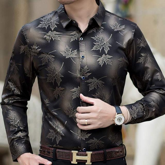 Men's Slim Fit Maple Leaf Long Sleeve Dress Shirt