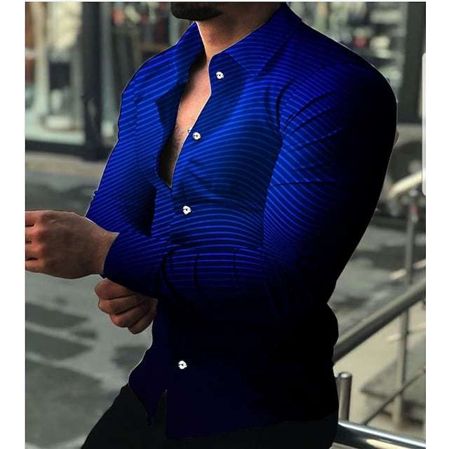 Men's Stripe Print Long Sleeve Button-Down Prom Party Shirt