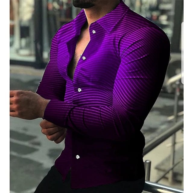 Men's Stripe Print Long Sleeve Button-Down Prom Party Shirt