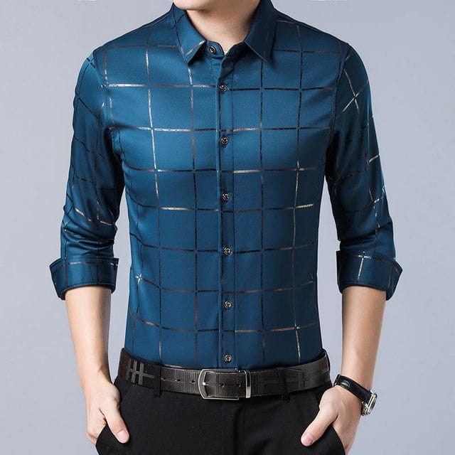 Men's Plaid Slim Fit Long Sleeve Social Dress Shirt