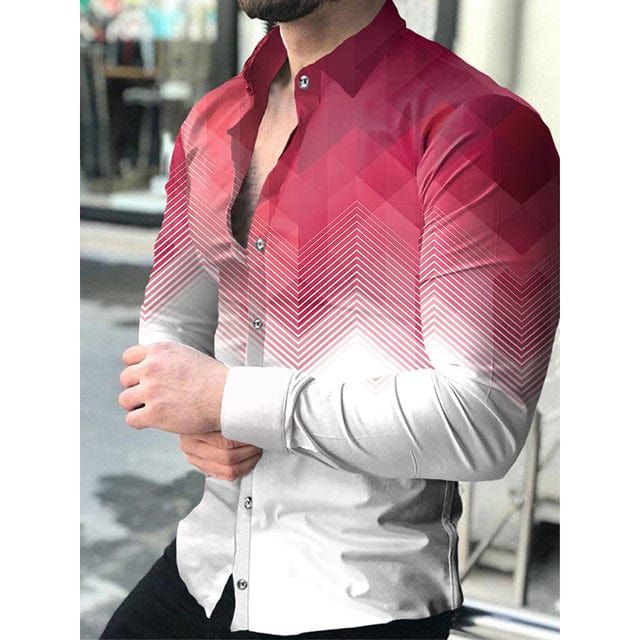 Men's Lattice Print Long Sleeve Button-Down Club Prom Shirt