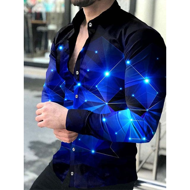 Men's Lattice Print Long Sleeve Button-Down Club Prom Shirt