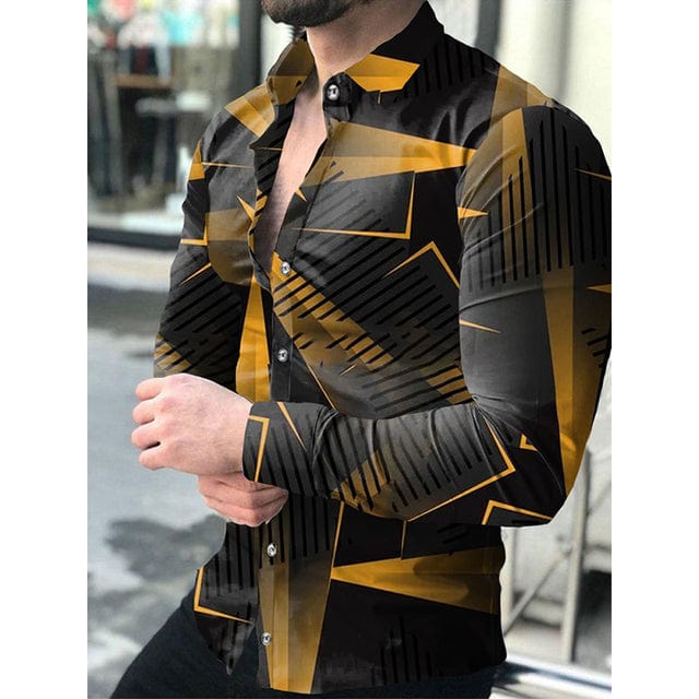 Men's Lattice Print Long Sleeve Button-Down Club Prom Shirt