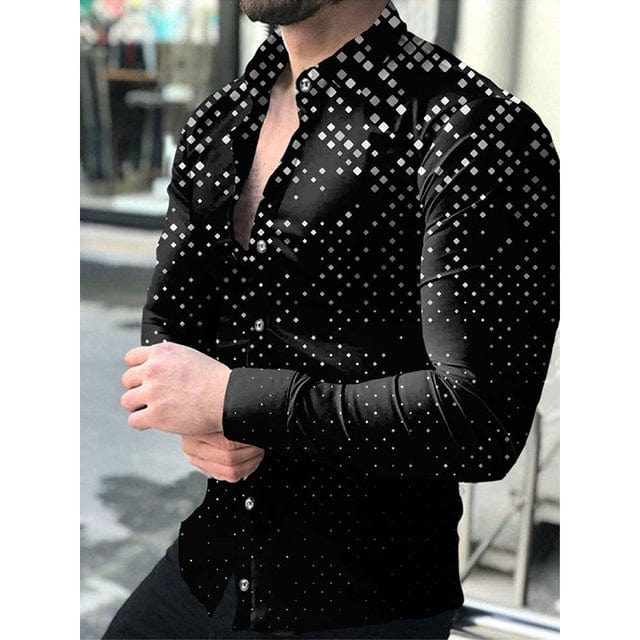 Men's Lattice Print Long Sleeve Button-Down Club Prom Shirt