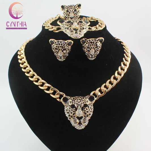 Leopard Head Crystal Enamel Necklace Jewelry Set